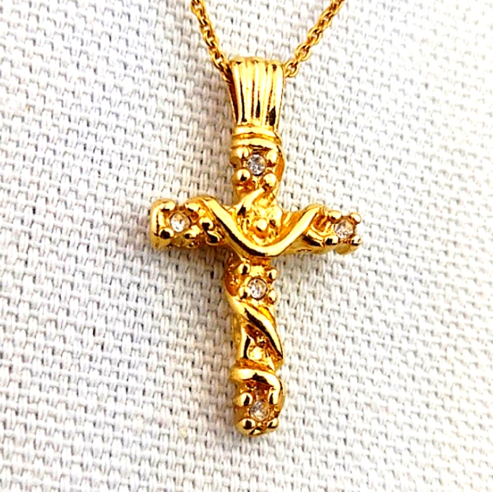 Buttery Gold-Tone Rhinestone Cross Pendant & Chain Necklace